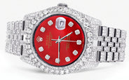 Iced Out Rolex Datejust 36 MM | Stainless Steel | 16.5 Carats of Diamonds | Red Diamond Dial | Jubilee Band | Model 116200