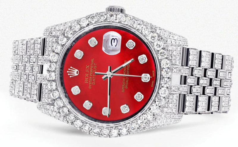Iced Out Rolex Datejust 36 MM | Stainless Steel | 16.5 Carats of Diamonds | Red Diamond Dial | Jubilee Band | Model 116200