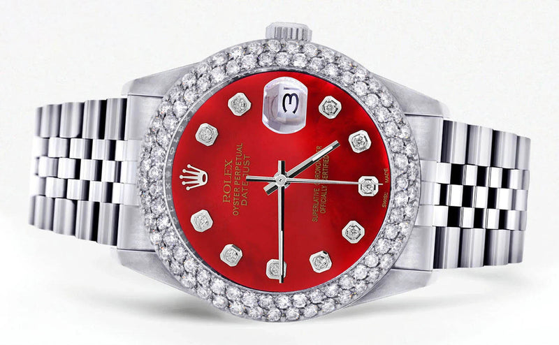 Mens Rolex Datejust Watch 16200 | 36Mm | Red Dial | Two Row 4.25 Carat Bezel | Jubilee Band
