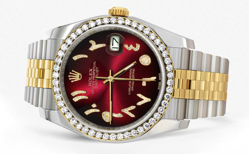 116233 | Hidden Clasp | Gold & Steel Rolex Datejust Watch | 36Mm | Red Black Arabic Diamond Dial | Jubilee Band