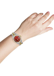 Womens Diamond Gold Hidden Clasp Rolex Watch | 1 Carat Bezel | 26Mm | Red Dial | Jubilee Band | Model 179173