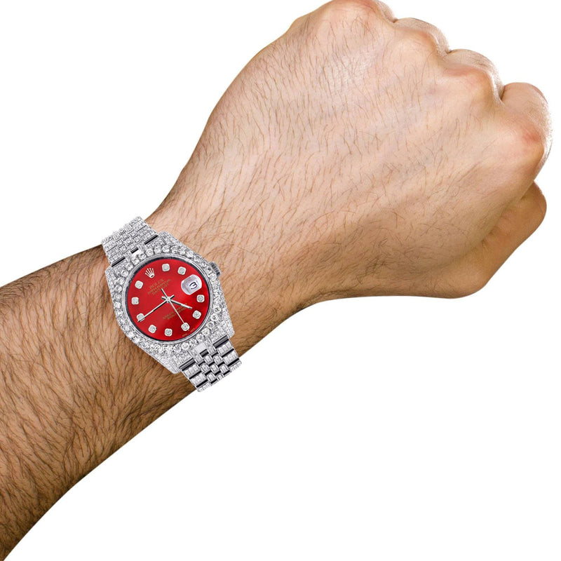 Iced Out Rolex Datejust 36 MM | Stainless Steel | 16.5 Carats of Diamonds | Red Diamond Dial | Jubilee Band | Model 116200