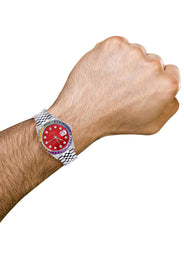 Diamond Gold Rolex Watch For Men 16200 | 36Mm | Rainbow Sapphire Bezel | Red Dial | Jubilee Band
