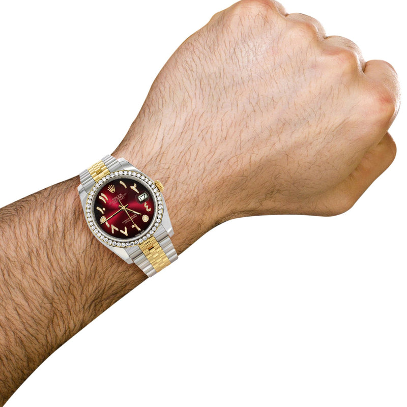 116233 | Hidden Clasp | Gold & Steel Rolex Datejust Watch | 36Mm | Red Black Arabic Diamond Dial | Jubilee Band