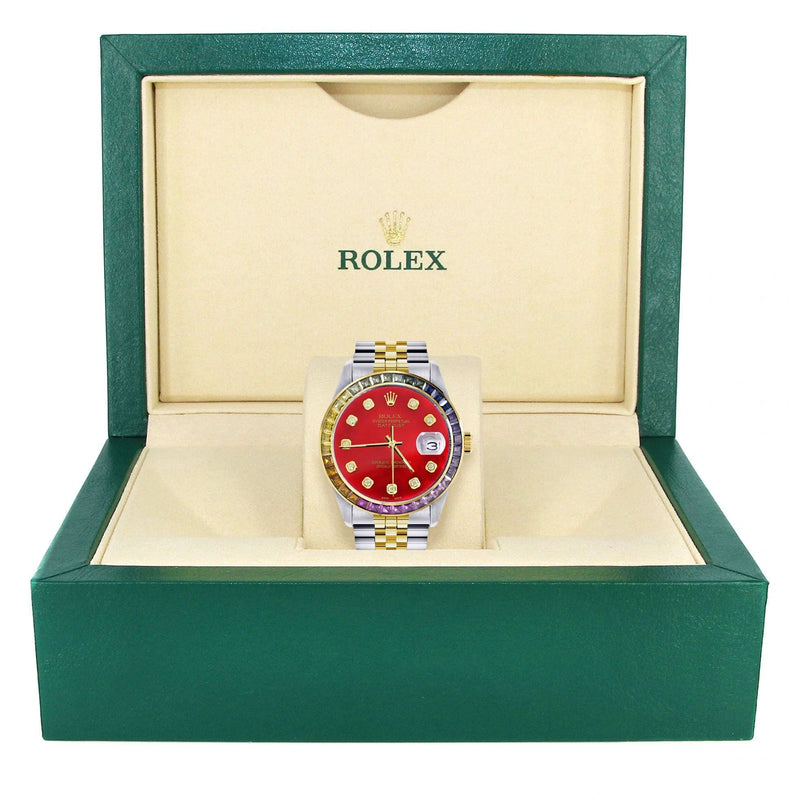 Diamond Gold Rolex Watch For Men 16233 | 36Mm | Rainbow Sapphire Bezel | Red Dial | Jubilee Band