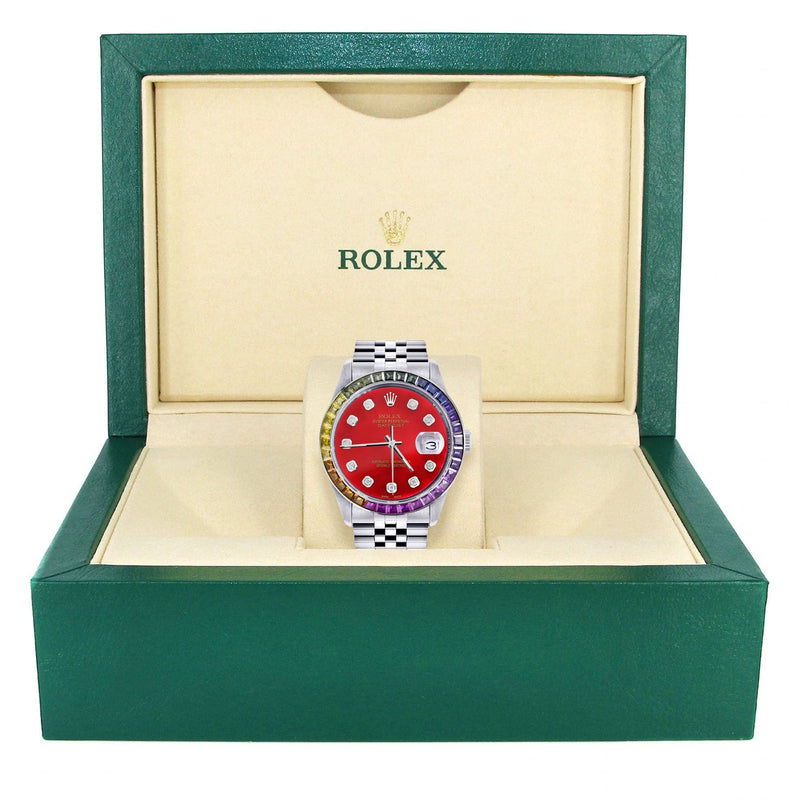 Diamond Gold Rolex Watch For Men 16200 | 36Mm | Rainbow Sapphire Bezel | Red Dial | Jubilee Band