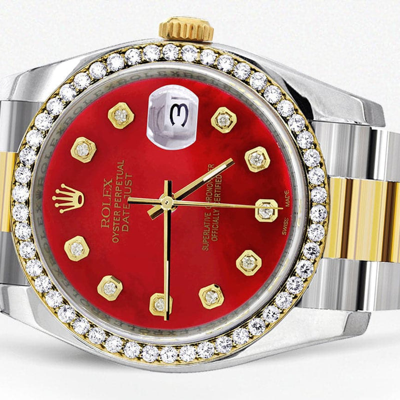 116233 | Diamond Gold Rolex Watch For Men | 36Mm | Red Dial | Oyster Band