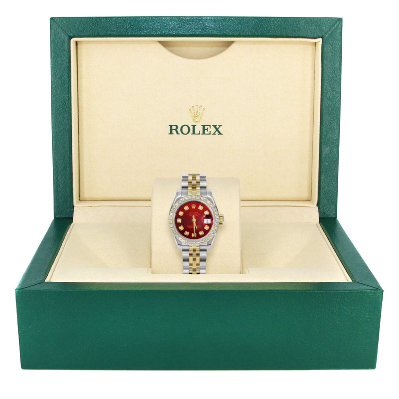 Womens Diamond Gold Hidden Clasp Rolex Watch | 1 Carat Bezel | 26Mm | Red Dial | Jubilee Band | Model 179173