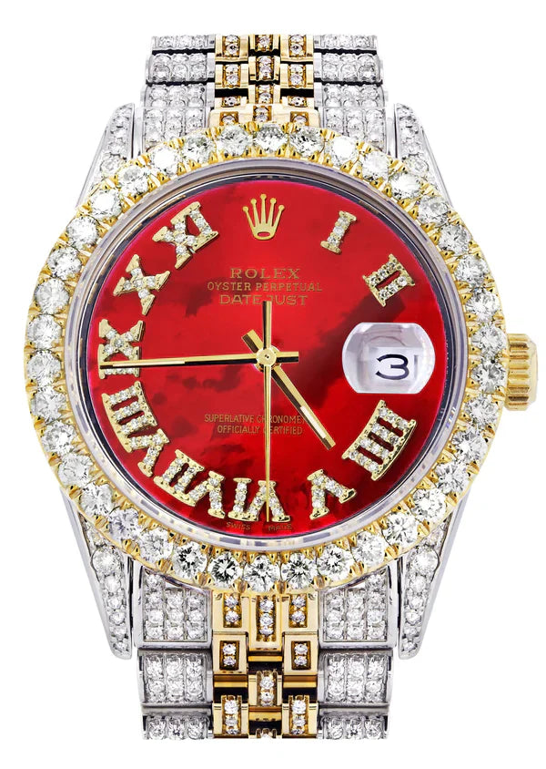 Iced Out Rolex Datejust | 36MM | Red Mother of Pearl Roman Diamond Dial | Two Tone | Diamond Jubilee Band | 10 Carats of Diamonds
