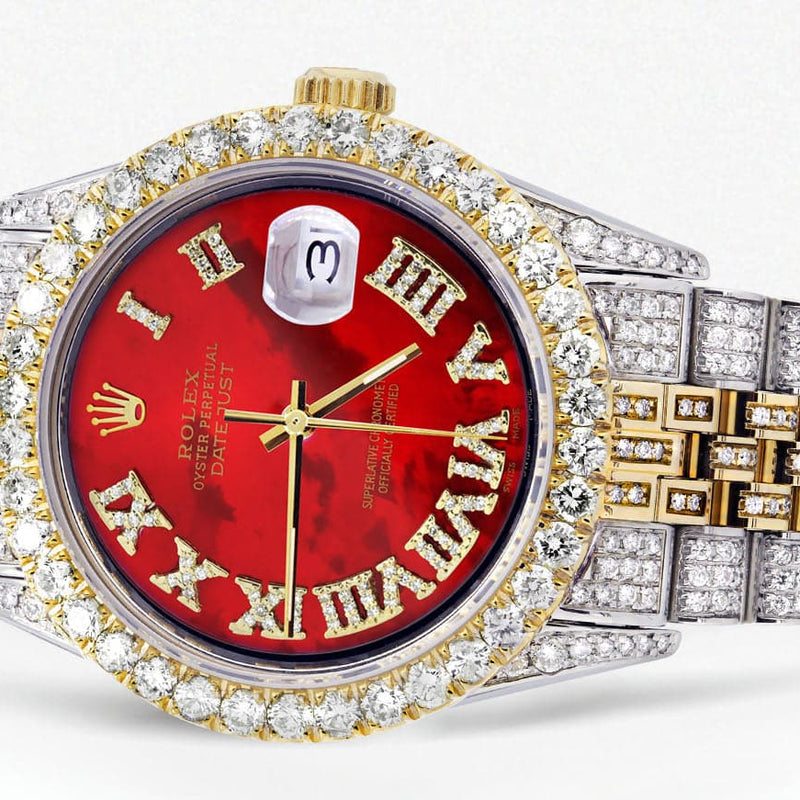 Iced Out Rolex Datejust 36 MM | Two Tone | 10 Carats of Diamonds | Red Mother of Pearl Roman Diamond Dial