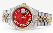 Iced Out Rolex Datejust 36 MM | Two Tone | 10 Carats of Diamonds | Red Mother of Pearl Roman Diamond Dial