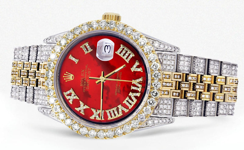 Iced Out Rolex Datejust 36 MM | Two Tone | 10 Carats of Diamonds | Red Mother of Pearl Roman Diamond Dial
