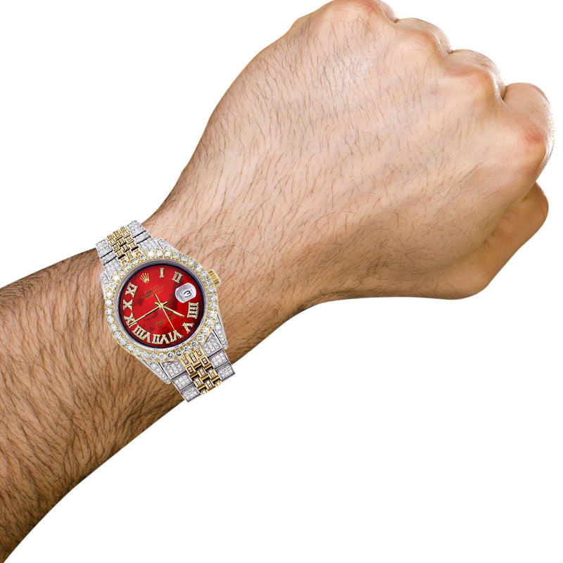 Iced Out Rolex Datejust 36 MM | Two Tone | 10 Carats of Diamonds | Red Mother of Pearl Roman Diamond Dial