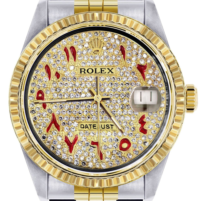 Mens Rolex Datejust Watch 16233 Two Tone | Fluted Bezel | 36Mm | Diamond Red Arabic Numeral | Jubilee Band