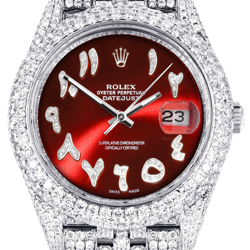 Diamond Iced Out Rolex Datejust 41 | 25 Carats Of Diamonds | Custom Red Arabic Numeral Diamond Dial | Two Row | Jubilee Band