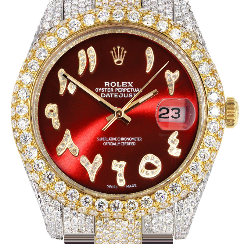 Womens Diamond Iced Out Rolex Datejust 41 | 25 Carats Of Diamonds | Custom Red Arabic Numeral Diamond Dial | Two Tone | Two Row | Oyster Band
