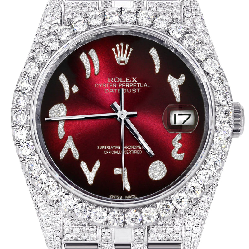 Iced Out Rolex Datejust 36 MM | Stainless Steel | 16.5 Carats of Diamonds | Red Black Arabic Diamond Dial | Jubilee Band | Model 116200