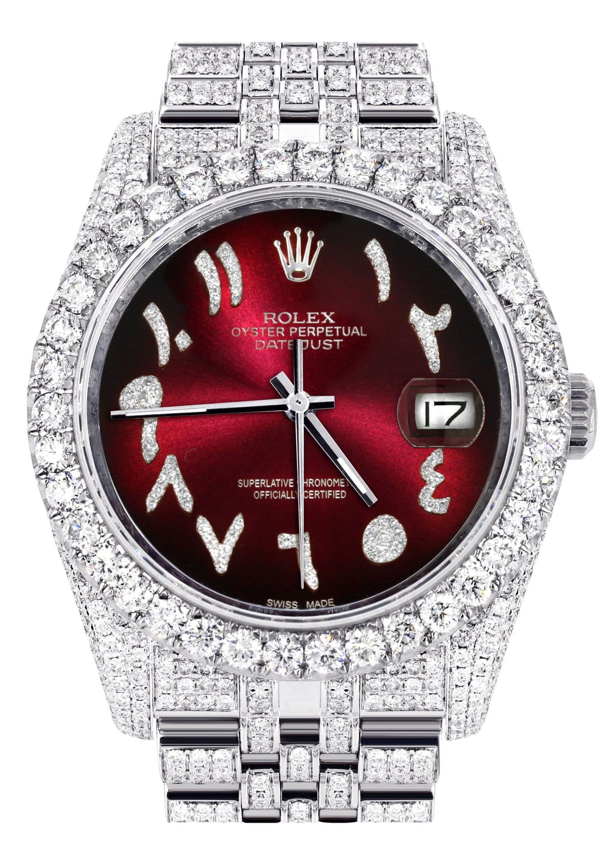 Iced Out Rolex Datejust 36 MM | Stainless Steel | 16.5 Carats of Diamonds | Red Black Arabic Diamond Dial | Jubilee Band | Model 116200