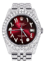 Iced Out Rolex Datejust 36 MM | Stainless Steel | 16.5 Carats of Diamonds | Red Black Arabic Diamond Dial | Jubilee Band | Model 116200