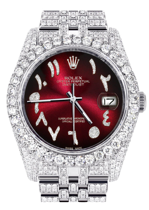 Iced Out Rolex Datejust 36 MM | Stainless Steel | 16.5 Carats of Diamonds | Red Black Arabic Diamond Dial | Jubilee Band | Model 116200