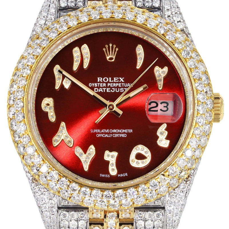 Womens Diamond Iced Out Rolex Datejust 41 | 25 Carats Of Diamonds | Custom Red Arabic Numeral Diamond Dial | Two Tone | Two Row | Jubilee Band