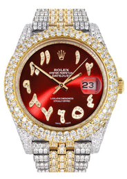 Womens Diamond Iced Out Rolex Datejust 41 | 25 Carats Of Diamonds | Custom Red Arabic Numeral Diamond Dial | Two Tone | Two Row | Jubilee Band