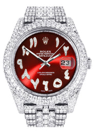 Womens Diamond Iced Out Rolex Datejust 41 | 25 Carats Of Diamonds | Custom Red Arabic Numeral Diamond Dial | Two Row | Jubilee Band