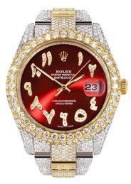 Diamond Iced Out Rolex Datejust 41 | 25 Carats Of Diamonds | Custom Red Arabic Numeral Diamond Dial | Two Tone | Two Row | Oyster Band