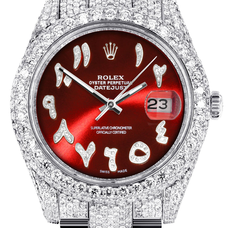 Womens Diamond Iced Out Rolex Datejust 41 | 25 Carats Of Diamonds | Custom Red Arabic Numeral Diamond Dial | Two Row | Oyster Band