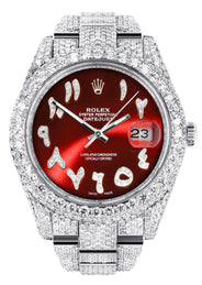 Womens Diamond Iced Out Rolex Datejust 41 | 25 Carats Of Diamonds | Custom Red Arabic Numeral Diamond Dial | Two Row | Oyster Band