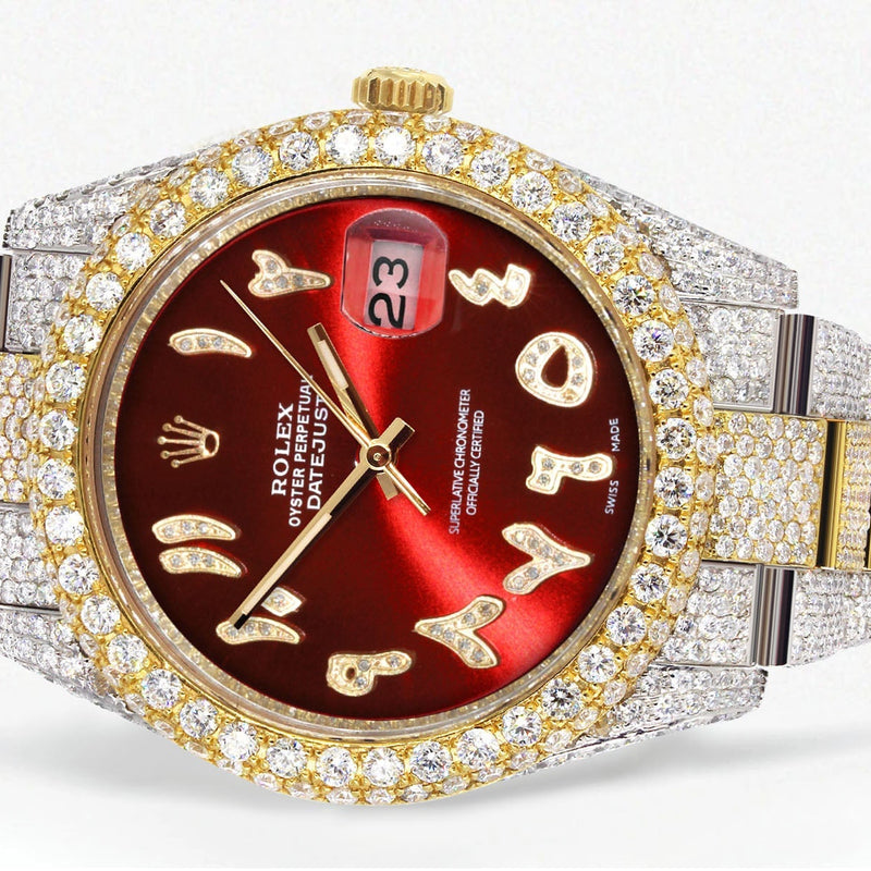 Womens Diamond Iced Out Rolex Datejust 41 | 25 Carats Of Diamonds | Custom Red Arabic Numeral Diamond Dial | Two Tone | Two Row | Oyster Band