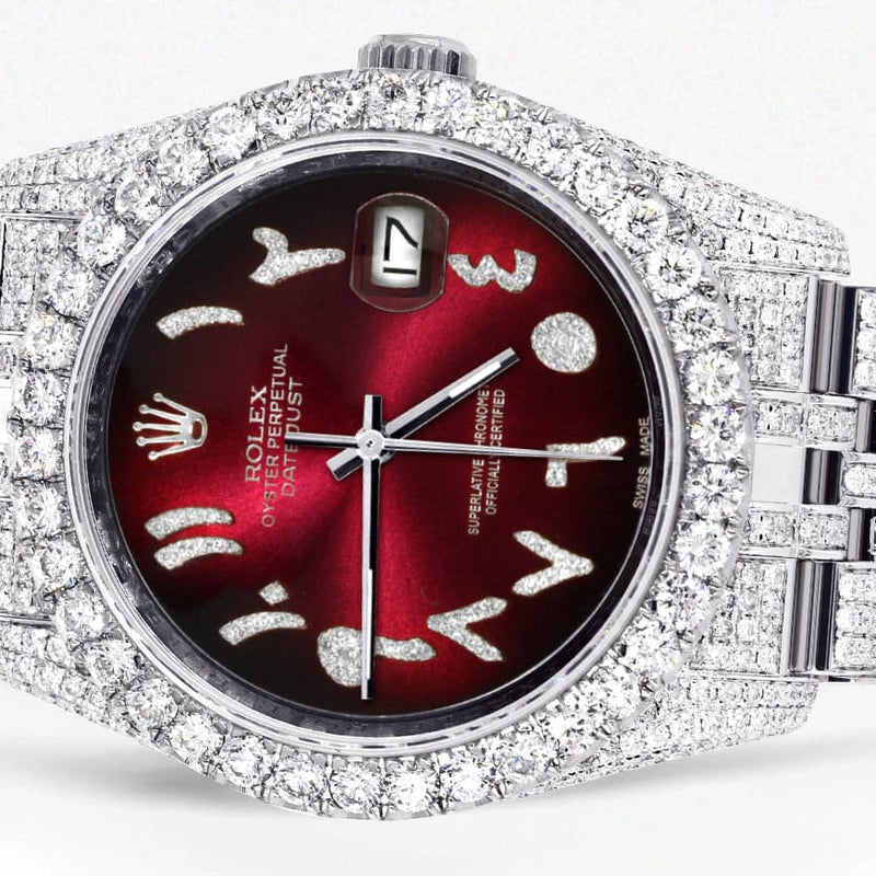 Iced Out Rolex Datejust 36 MM | Stainless Steel | 16.5 Carats of Diamonds | Red Black Arabic Diamond Dial | Jubilee Band | Model 116200