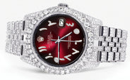 Iced Out Rolex Datejust 36 MM | Stainless Steel | 16.5 Carats of Diamonds | Red Black Arabic Diamond Dial | Jubilee Band | Model 116200