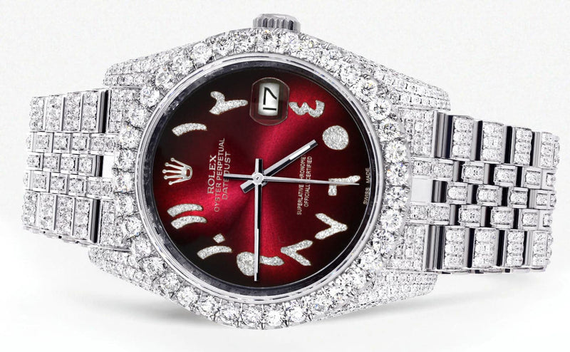 Iced Out Rolex Datejust 36 MM | Stainless Steel | 16.5 Carats of Diamonds | Red Black Arabic Diamond Dial | Jubilee Band | Model 116200