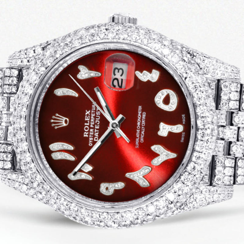 Womens Diamond Iced Out Rolex Datejust 41 | 25 Carats Of Diamonds | Custom Red Arabic Numeral Diamond Dial | Two Row | Jubilee Band