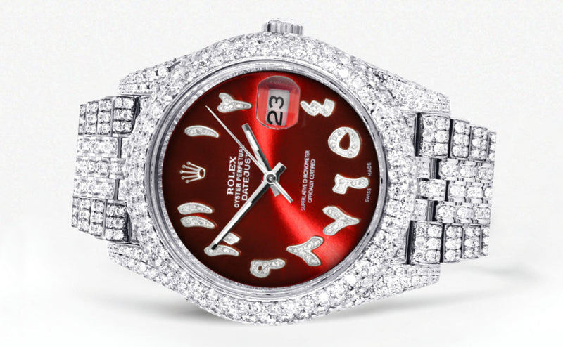 Womens Diamond Iced Out Rolex Datejust 41 | 25 Carats Of Diamonds | Custom Red Arabic Numeral Diamond Dial | Two Row | Jubilee Band
