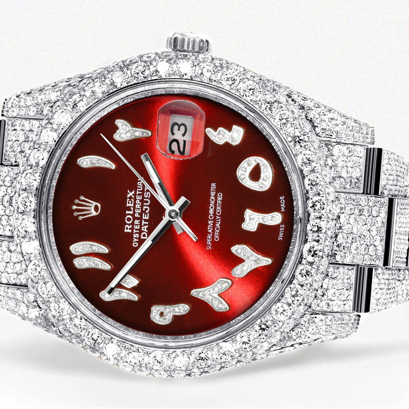 Womens Diamond Iced Out Rolex Datejust 41 | 25 Carats Of Diamonds | Custom Red Arabic Numeral Diamond Dial | Two Row | Oyster Band