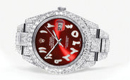 Womens Diamond Iced Out Rolex Datejust 41 | 25 Carats Of Diamonds | Custom Red Arabic Numeral Diamond Dial | Two Row | Oyster Band