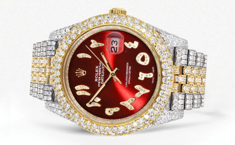 Diamond Iced Out Rolex Datejust 41 | 25 Carats Of Diamonds | Custom Red Arabic Numeral Diamond Dial | Two Tone | Two Row | Jubilee Band