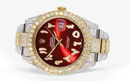 Diamond Iced Out Rolex Datejust 41 | 25 Carats Of Diamonds | Custom Red Arabic Numeral Diamond Dial | Two Tone | Two Row | Oyster Band
