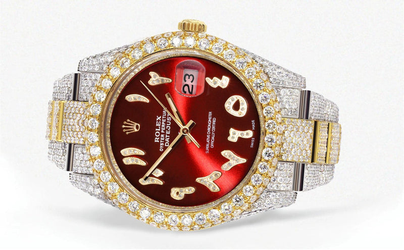 Diamond Iced Out Rolex Datejust 41 | 25 Carats Of Diamonds | Custom Red Arabic Numeral Diamond Dial | Two Tone | Two Row | Oyster Band