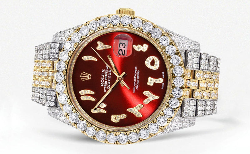 Diamond Iced Out Rolex Datejust 41 | 25 Carats Of Diamonds | Custom Red Arabic Numeral Diamond Dial | Two Tone | Jubilee Band