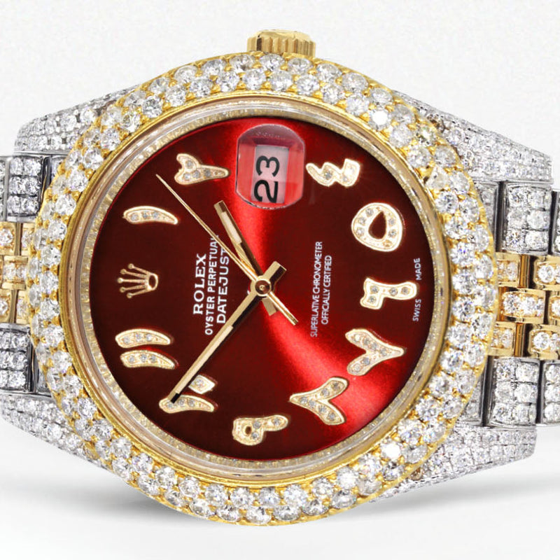 Womens Diamond Iced Out Rolex Datejust 41 | 25 Carats Of Diamonds | Custom Red Arabic Numeral Diamond Dial | Two Tone | Two Row | Jubilee Band
