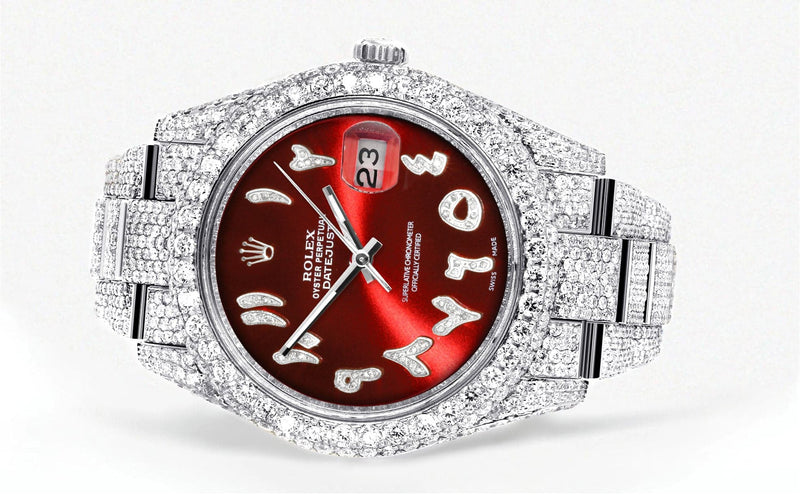 Diamond Iced Out Rolex Datejust 41 | 25 Carats Of Diamonds | Custom Red Arabic Numeral Diamond Dial | Two Row | Oyster Band
