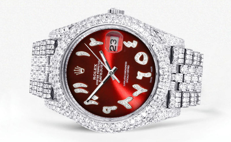 Diamond Iced Out Rolex Datejust 41 | 25 Carats Of Diamonds | Custom Red Arabic Numeral Diamond Dial | Two Row | Jubilee Band