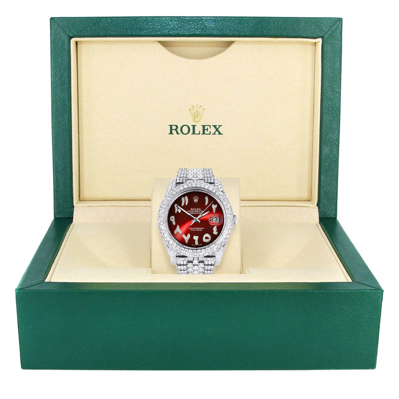 Womens Diamond Iced Out Rolex Datejust 41 | 25 Carats Of Diamonds | Custom Red Arabic Numeral Diamond Dial | Two Row | Jubilee Band