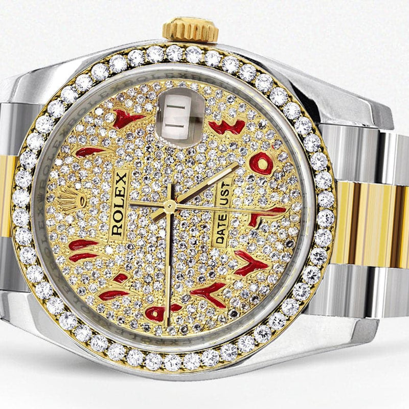116233 | Diamond Gold Rolex Watch For Men | 36MM | Red Arabic Diamond Dial | Oyster Band