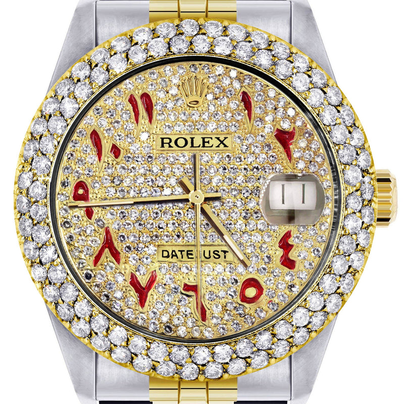 Diamond Gold Rolex Watch For Men 16233 | 36Mm | Custom Red Arabic Full Diamond Dial | Two Row 4.25 Carat Bezel | Jubilee Band