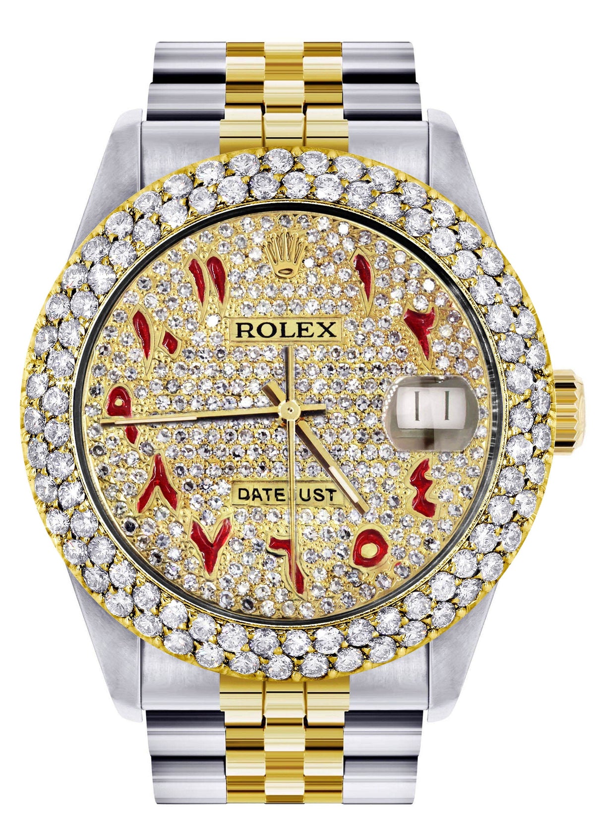 Diamond Gold Rolex Watch For Men 16233 | 36Mm | Custom Red Arabic Full Diamond Dial | Two Row 4.25 Carat Bezel | Jubilee Band