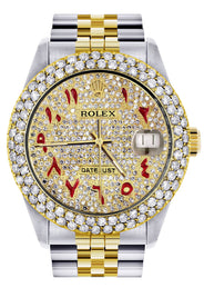Diamond Gold Rolex Watch For Men 16233 | 36Mm | Custom Red Arabic Full Diamond Dial | Two Row 4.25 Carat Bezel | Jubilee Band